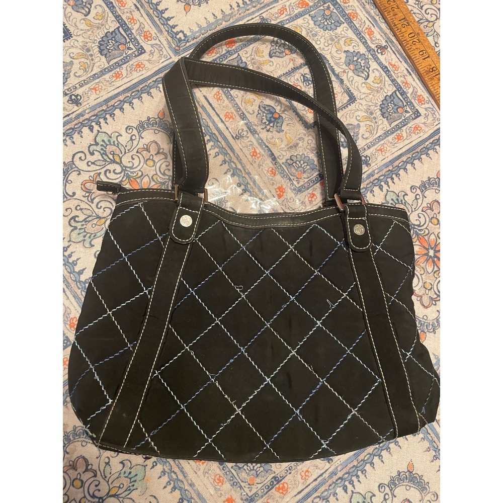 Vera Bradley Black Microfiber Quilted Tote Bag Blue White Contrast Stitching